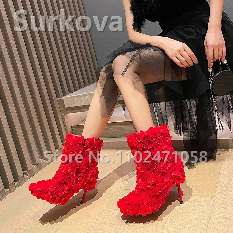 Boots Romantic Red Rose Embellished High Heels Wedding Shoes Ladies Pointed Toe Side Zipper Ankle Women Thin Short 231206