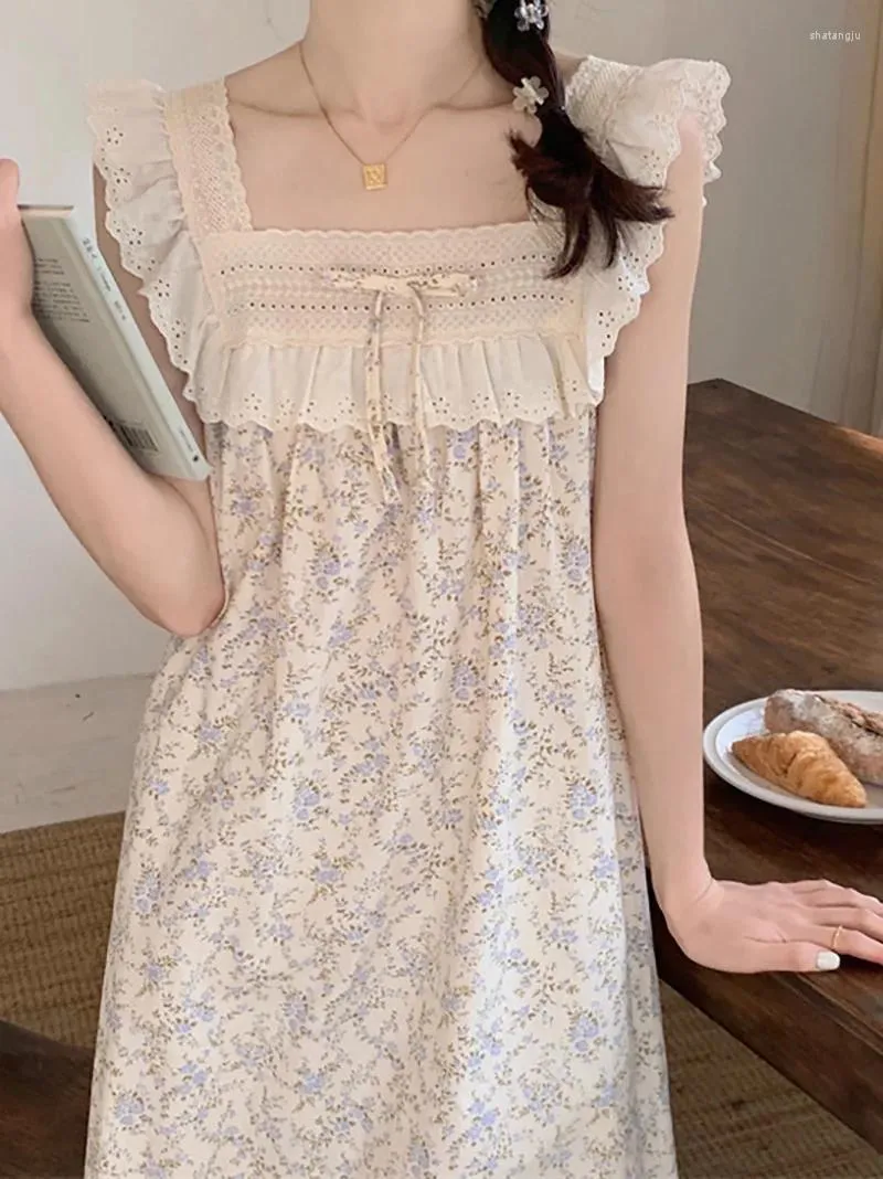 Mulheres sleepwear coreano japão doce princesa camisola puro algodão floral impressão fada noite vestido verão sem mangas mulheres vintage