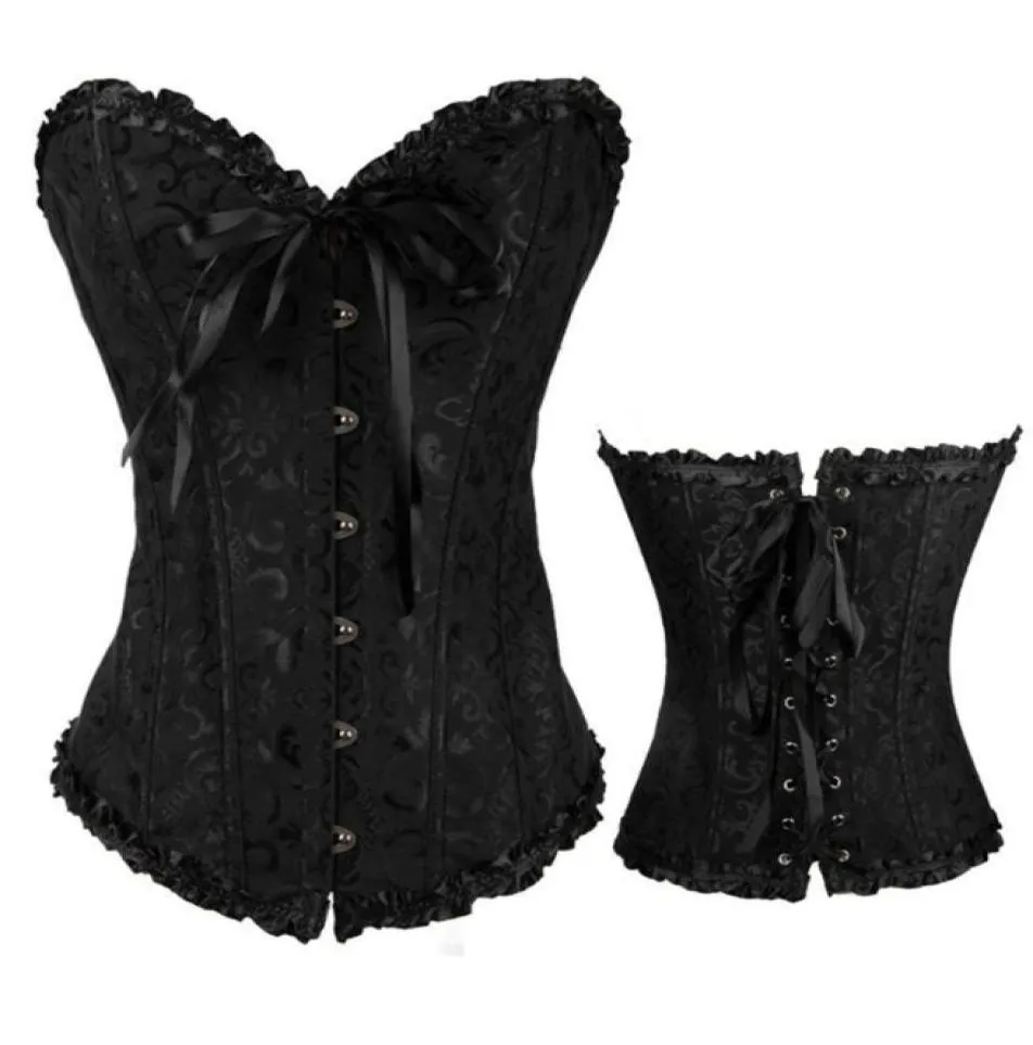 Ceintures Sexy Women039s Steampunk Floral Noir Lace Up Trim Corset Désossé Overbust Taille Cincher Bodyshaper Vêtements Gothique Plus Si3690024