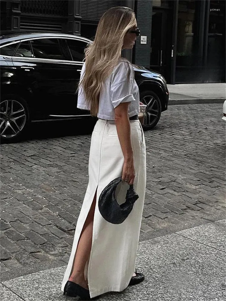 White Maxi Skirt for Women Y2K Fashion High Waist Split Denim Casual Street Trendy Club Wear Party