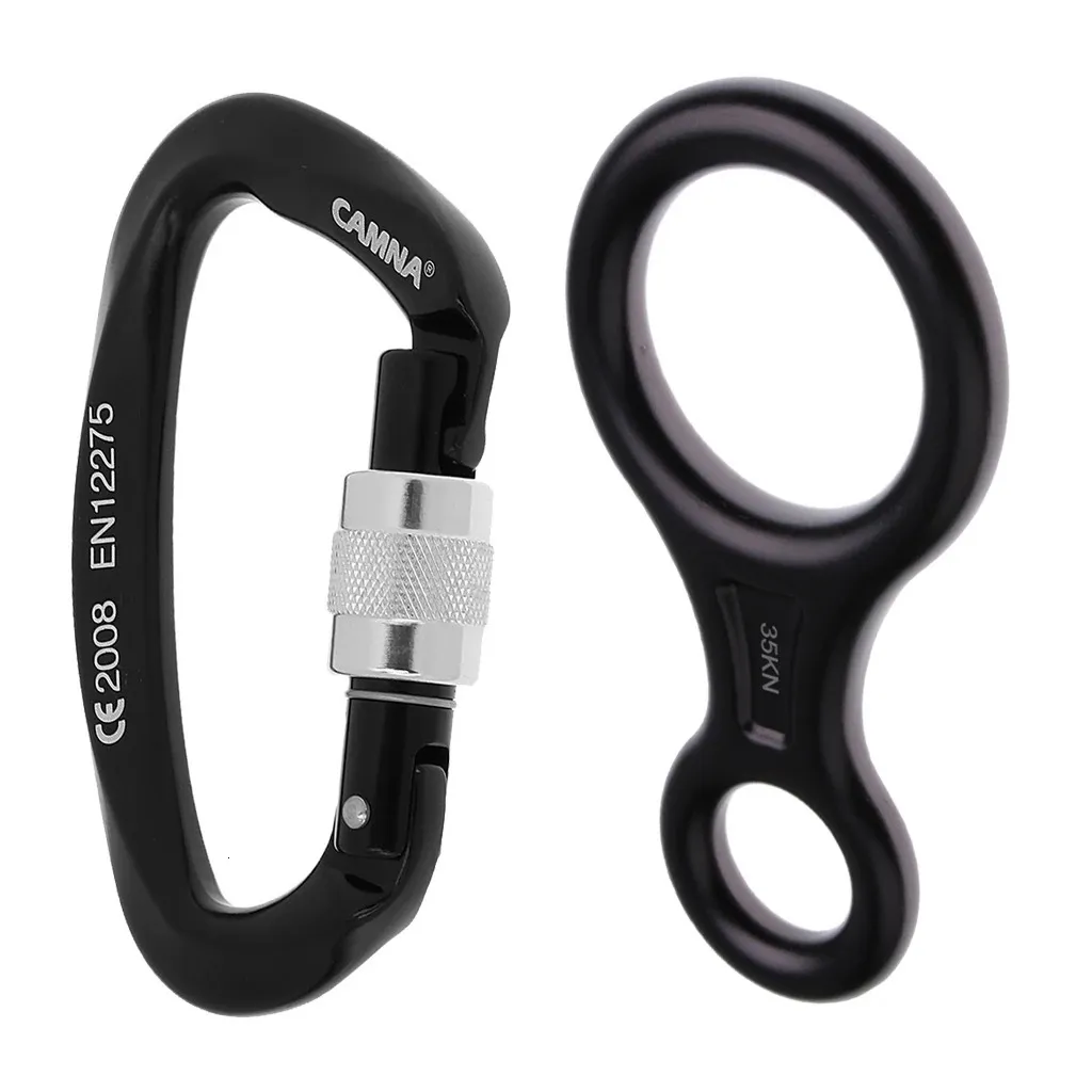 carabiners 2 في 1 25KN الصخور تسلق القفل قفل carabiner 35kn الشكل 8 Rappelling Rope Descender Black 231205