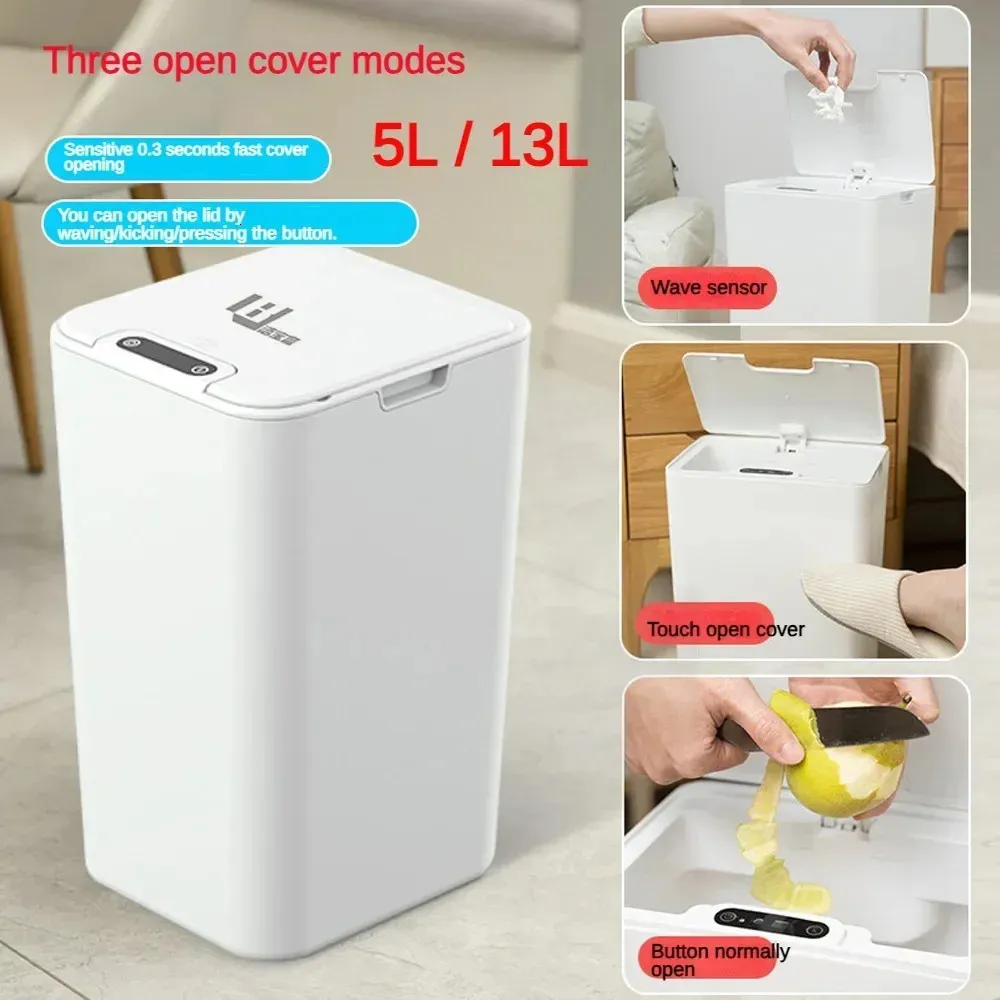 Waste Bins 5L 13L Smart Sensor Trash Can Automatic Kicking White Garbage Bin for Kitchen Bathroom Waterproof Electric 231205