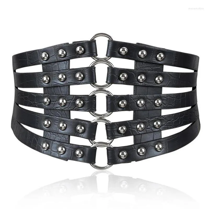 Belts Stretch Waistband Vintage Metal Ring Belt Silver Ladies Women Female Fashion Rivet Wide Waist Elastic 5 Straps PU