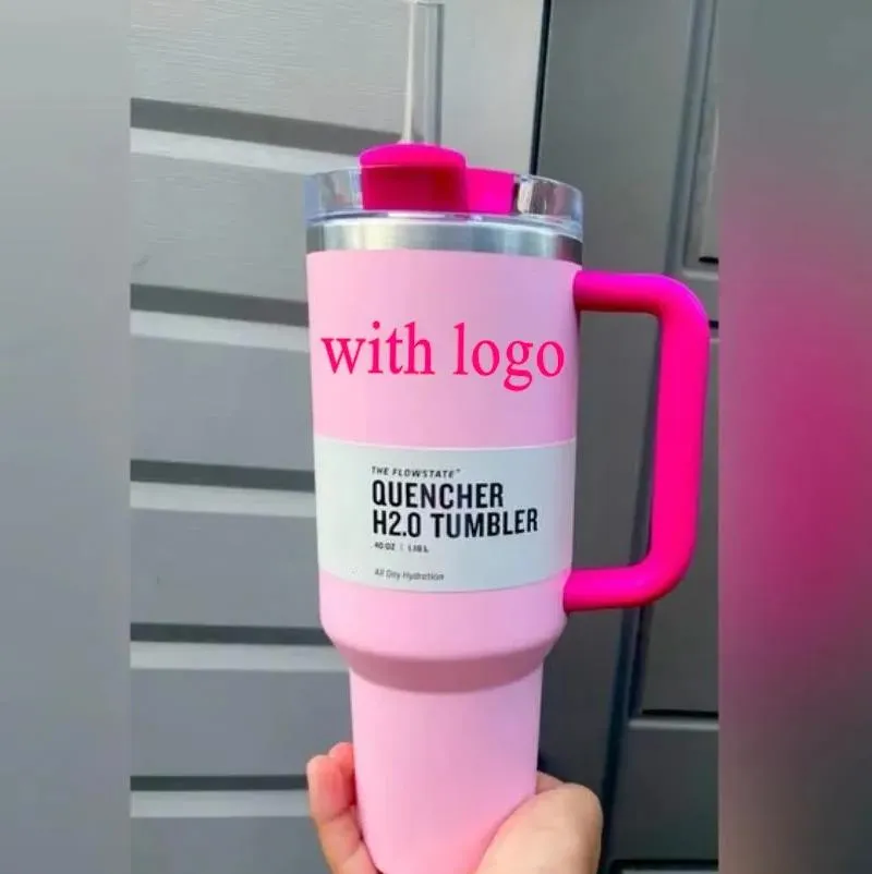 ROZE Flamingo 40oz Quencher H2.0 Koffiemokken Kopjes buiten kamperen reizen Autokop RVS Tumblers Kopjes met siliconen handvat Valentijnsdag Cadeau 1206