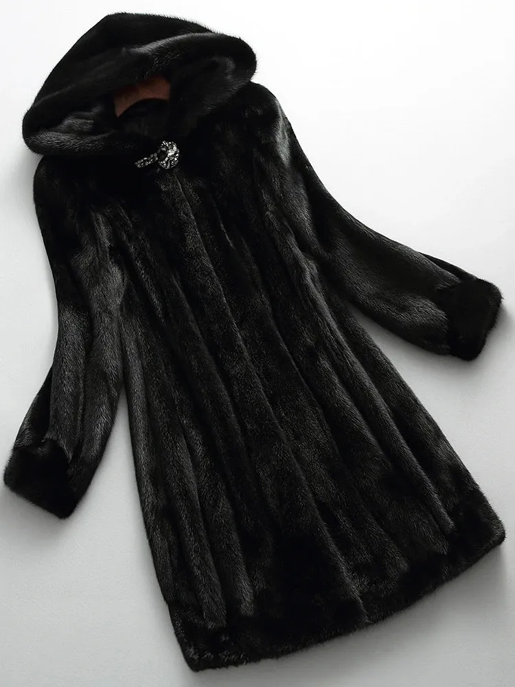 Futro dla kobiet sztuczne lautaro luksusowy luksusowy długi czarny płaszcz norki kobiety z rękawem z kapturem elegancka gruba ciepła puszysta futrzana kurtka 6xl 7xl 231206