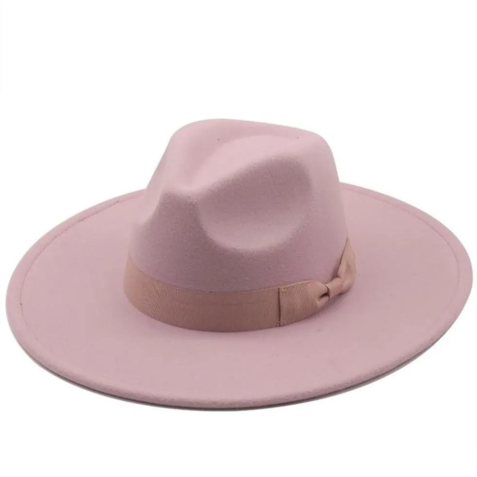 Szerokie brzegowe czapki proste brytyjski styl mężczyźni kobiety Winter Bow Wool Fedoras Cap 9 5cm Big Wedding Jazz2148