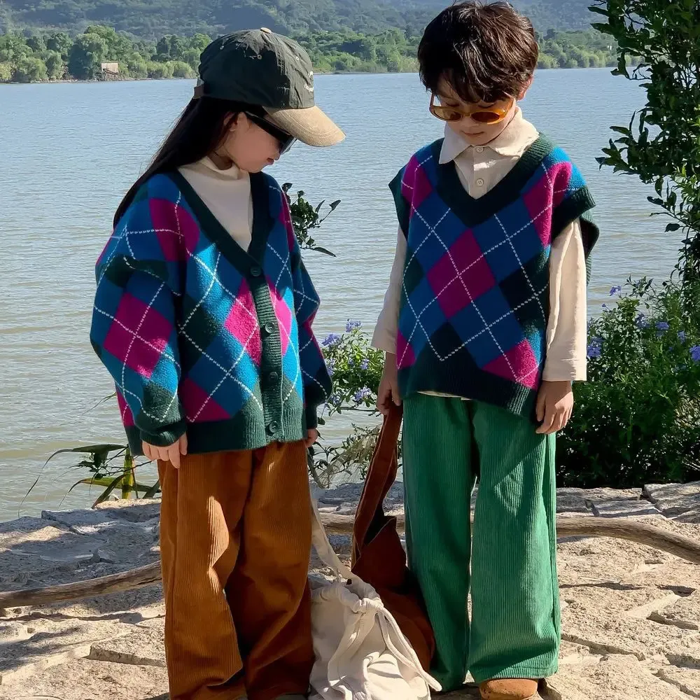 Clothing Sets Children Pants Sweater Autumn Boys and Girls Diamond Plaid Knitting Vest Kid Casual Loose Corduroy Bright Colorful Pant 231206