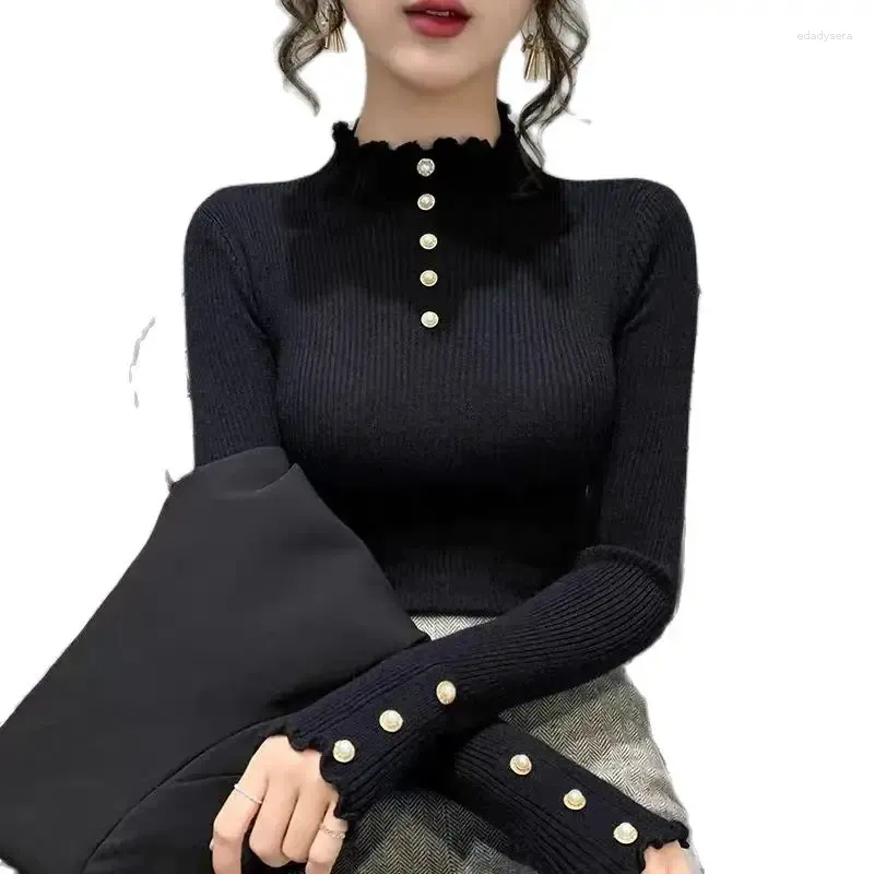 Maglioni da donna 2023 Autunno Inverno Slim pullover lavorati a maglia Abbigliamento Bordo orecchio nero Mezzo maglione a collo alto Ragazze Jersey Top 566