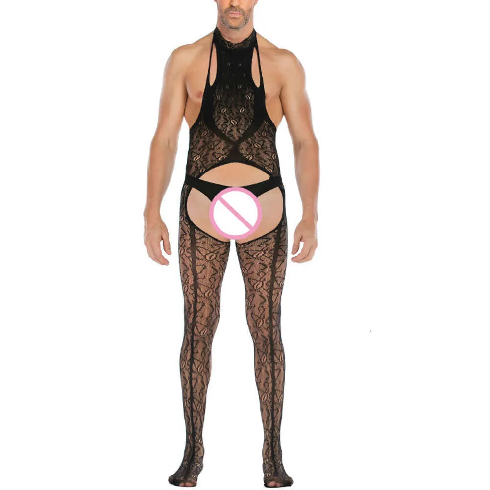 Hommes dentelle Lingerie col suspendu vêtements de nuit homme Jacquard ouvert entrejambe vêtements de nuit S dos nu combinaison Sexy mâle body offre spéciale