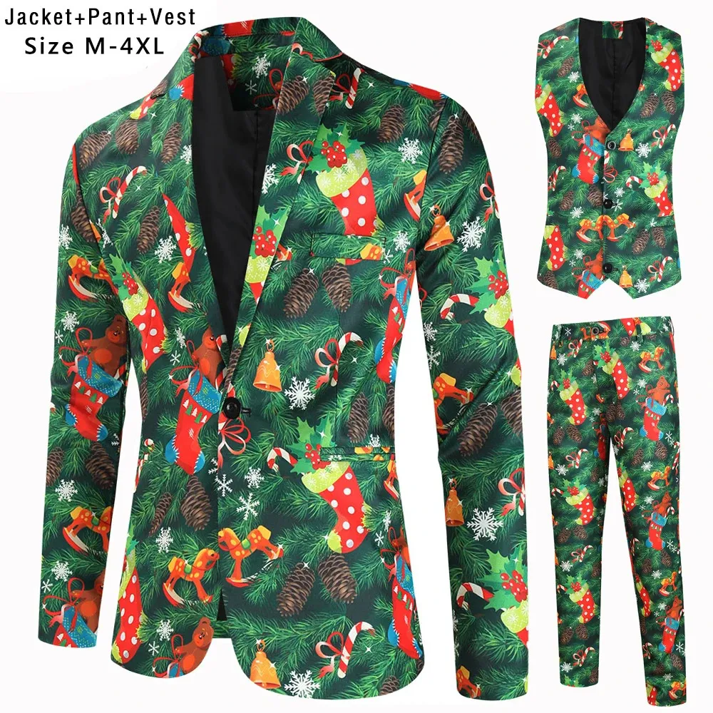 Herrdräkter blazrar plus storlek 4xl män jul kostymer uppsättningar blazer västbyxor 3 stycken fest prom julgran tryck mens xmas blazers jacka 231206