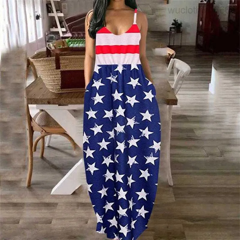 Casual Dresses American Flag Women Slip Dress Star and Striped Loose Party Y2K Vintage Robe Elegant Maxi Sexig Summer Sleeveless