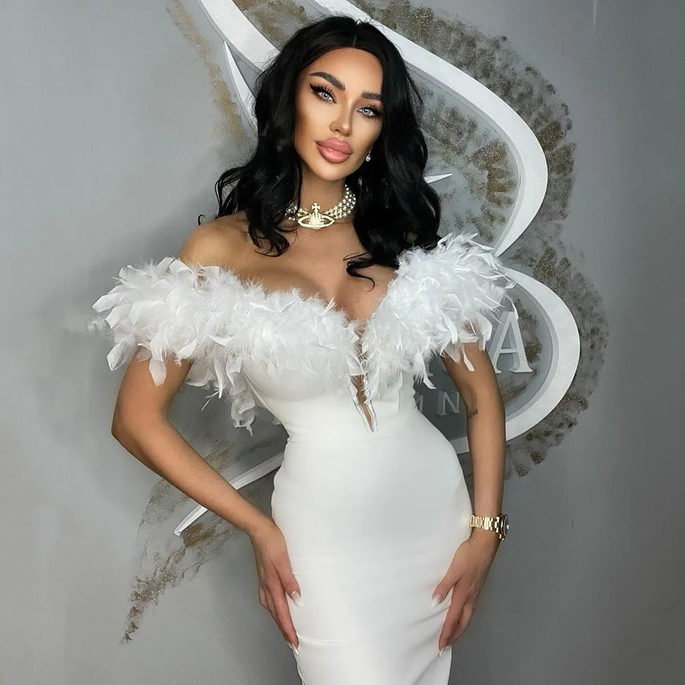 2024 Women Fashion Dress Runway Dresses European and American fashion with diamond inlaid feather bandage skirt elegant French dress fashionable temperament