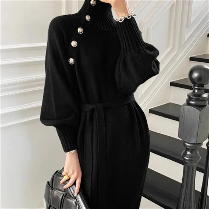 Urban Sexy Dresses Turtleneck Buttons Lace-Up Autumn Winter Elegant Dresses For Women Robe Sweater Maxi Dress Kvinnlig Tjock stickad klänning 231206