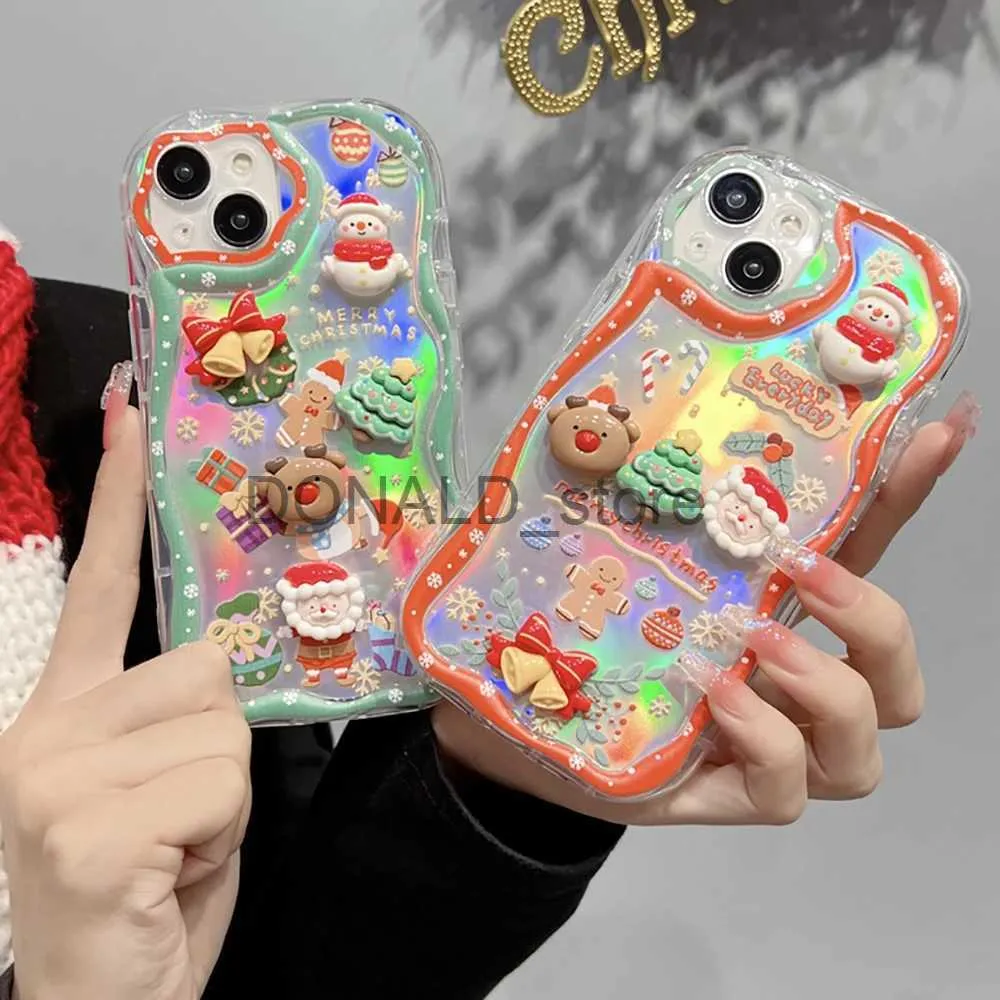 携帯電話ケースかわいい3Dサンタクロースエルク雪だるまクリスマンツリー電話ケースiPhone 15 Pro Max 12 14 Pro 11 13 XS 7 Plus Laser Clare Cover J231206