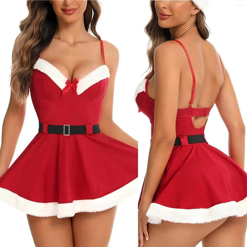 Bras Sets Women Sexy Christmas Cosplay Santa Claus Costume Carnival Theme Party Clubwear Plush Feather Trim Velvet Dress Leotard With Belt