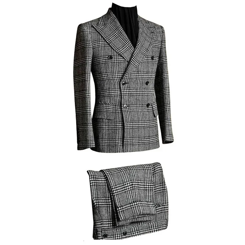 Męskie garnitury Blazers Męskie Houndstooth Premium z podwójnym piersi guziki Tuxedos Lapel Dwuczęściowy garnitur Codzienne przyjęcie biznesowe 231205