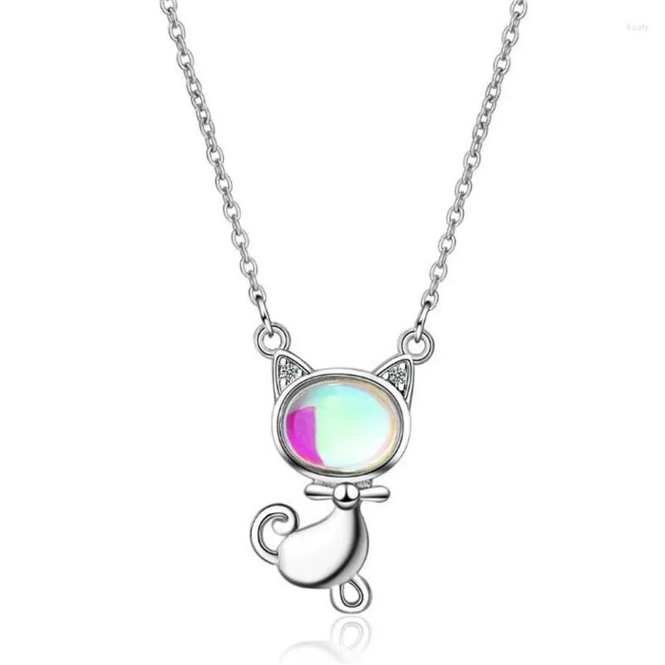Pendant Necklaces Personality Moonstone Animal Silver Plated Jewelry Sweet Cat Playful Kitten Crystal Women XZN056208Y