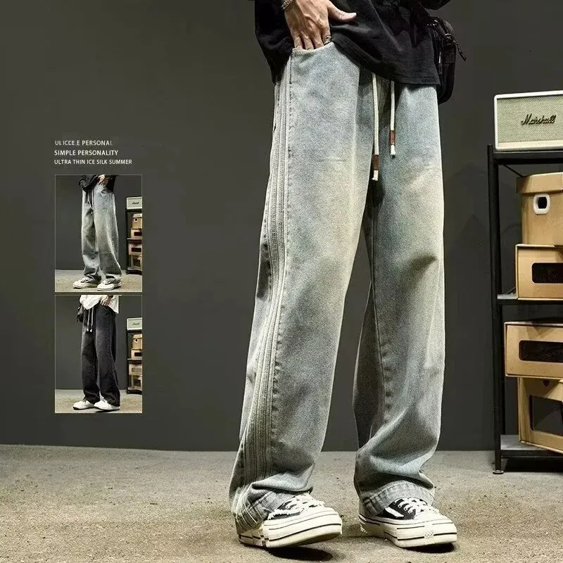 Jeans pour hommes taille élastique Baggy pour hommes côté rayé jambe large pantalon en denim mode coréenne pantalon décontracté Y2K Vintage jean hombre 231206