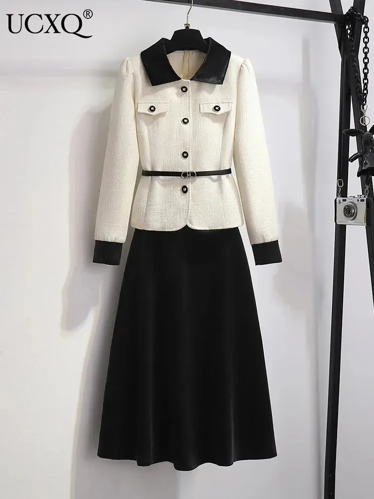 Платье из двух предметов UCXQ Черно-белый контрастный элегантный женский комплект из 2 предметов с поясом Твидовый жакет Модная юбка с высокой талией Осень-Зима 3A5179 231205