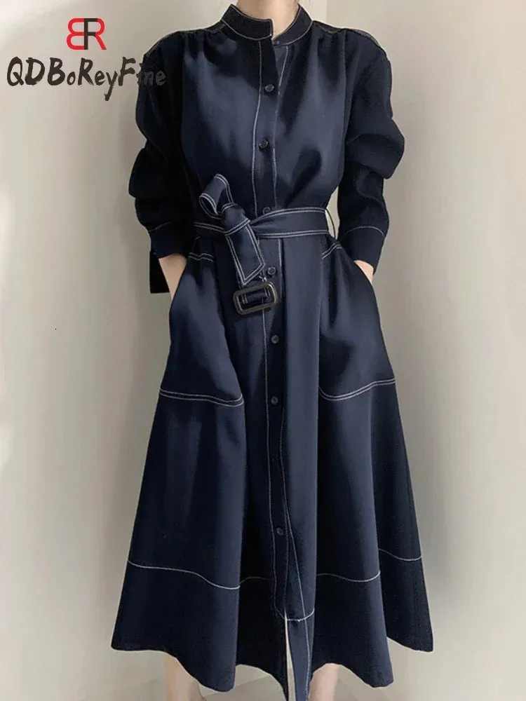 Urban Sexy Dresses Fall Womens Dress with Belt Elegant Long Sleeve Coats Vestidos Bright Line Decoration ALine Vintage Midi for Women 231206