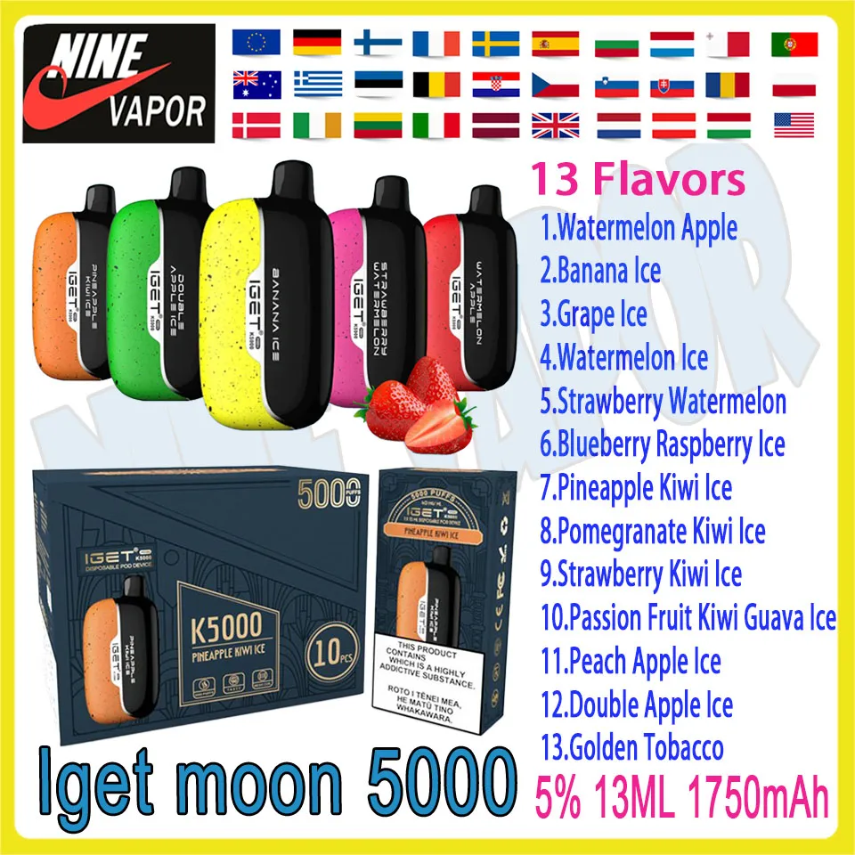 Authentique cigarette électronique jetable Iget Moon 5000 bouffées, 20 saveurs en stock, batterie 1750mAh, kit de stylo cigarette électronique 13 ml 100% authentique