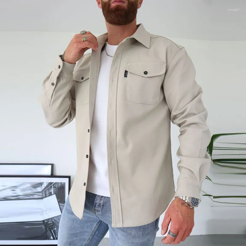 Männer Casual Hemden Hemd Jacken Herbst Winter Männer Langarm Revers Top Mann Einreiher Einfarbig Taschen Mäntel