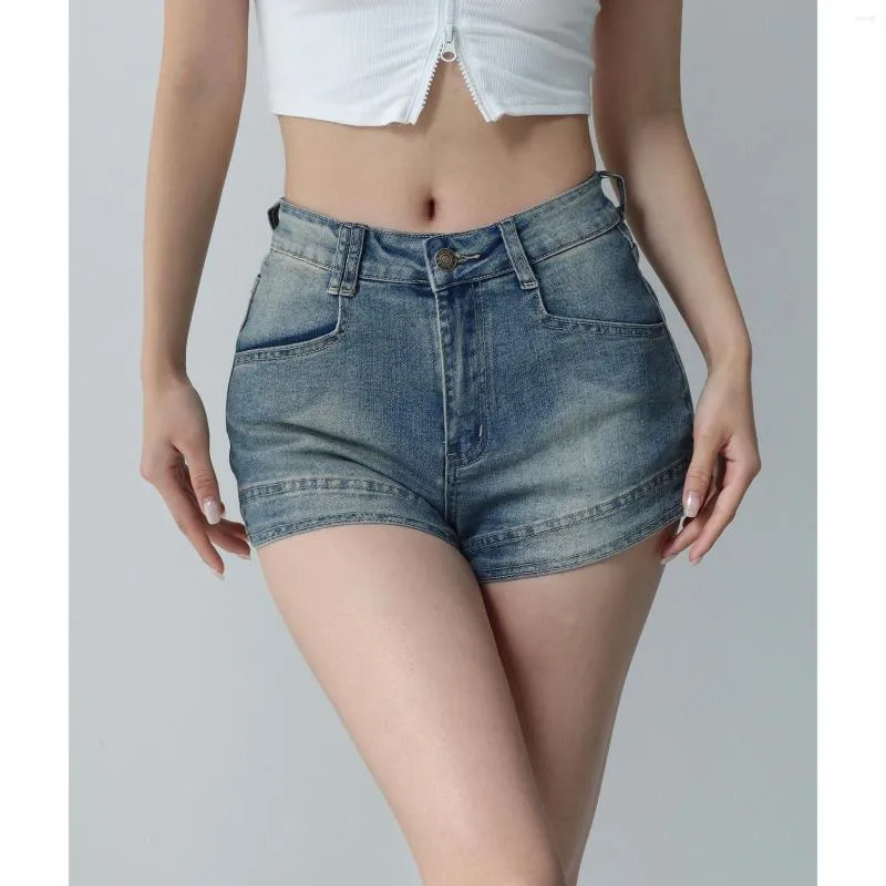 Jeans da donna stile americano retrò giovane adulto basic vita alta dimagrante gamba più lunga pantaloncini di jeans lavati pantaloni sexy in difficoltà per l'estate