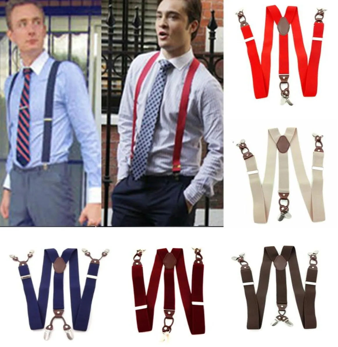 Leather Alloy 6 Clips YBack Elastic Suspenders for Male Vintage Casual Commercial Wsternstyle TrousersWine Red9380204