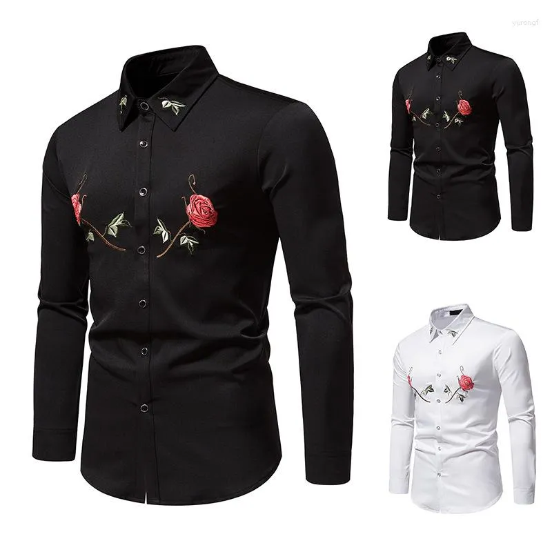 Camisas Casuais Masculinas Rosa Bordado Manga Longa Camisa Jovem Bordada Manga Longa