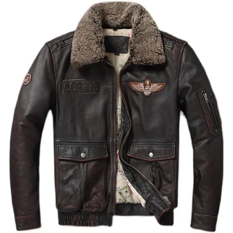 Men's Leather Faux Vintage Genuine Jacket Men Flight Jackets Natural Fur Collar Aviation Bomber Coats Mens Motorcycle Biker 231206