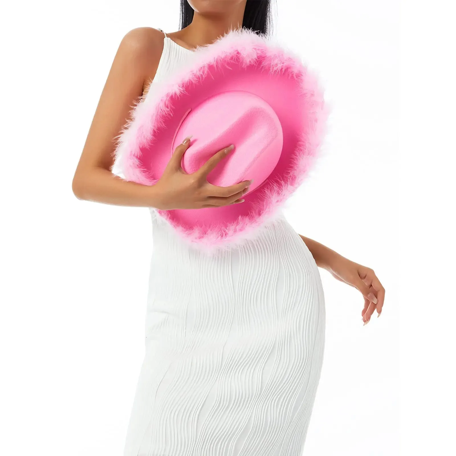 Womens Cowboy Hat With Pink Feather Boa Fluffy... From Wai09 