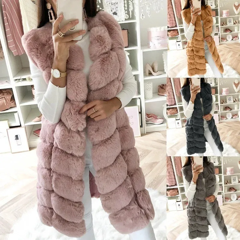Gilet Long en fausse fourrure pour femme manteau en coton peluche epaisse automne et hiver 231205