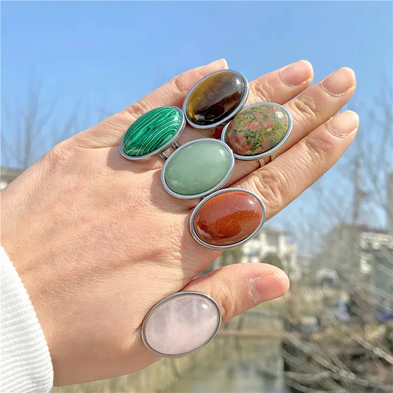 Wedding Rings Natural Stone Ring for Women Vintage Silver Color Aventurine Big Cabochon Open Adjustable Men Female Jewelry 231205