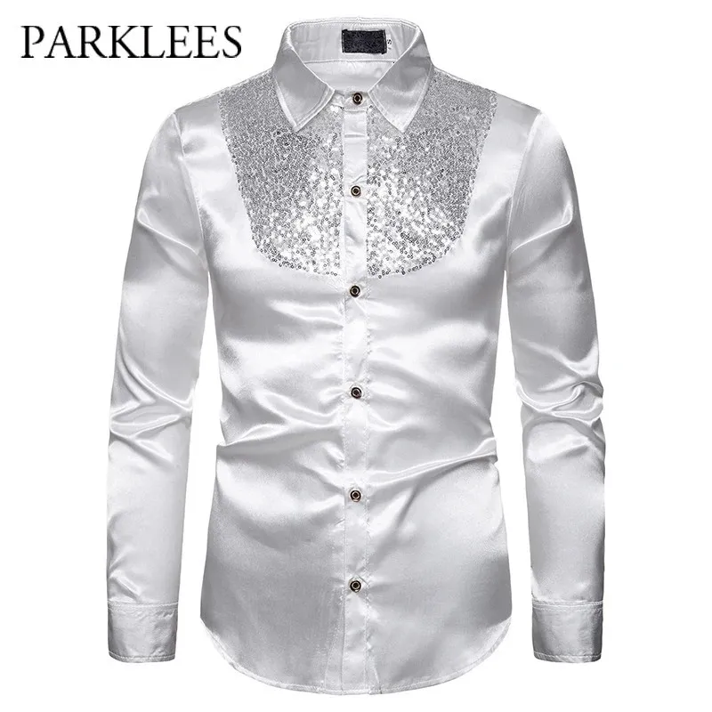 Men's Casual Shirts Men's Silk Satin Smooth Shirt Luxury Gold Sequin Tuxedo Shirt Party Stage Performance Wedding Dress Shirts Chemise Homme 231205