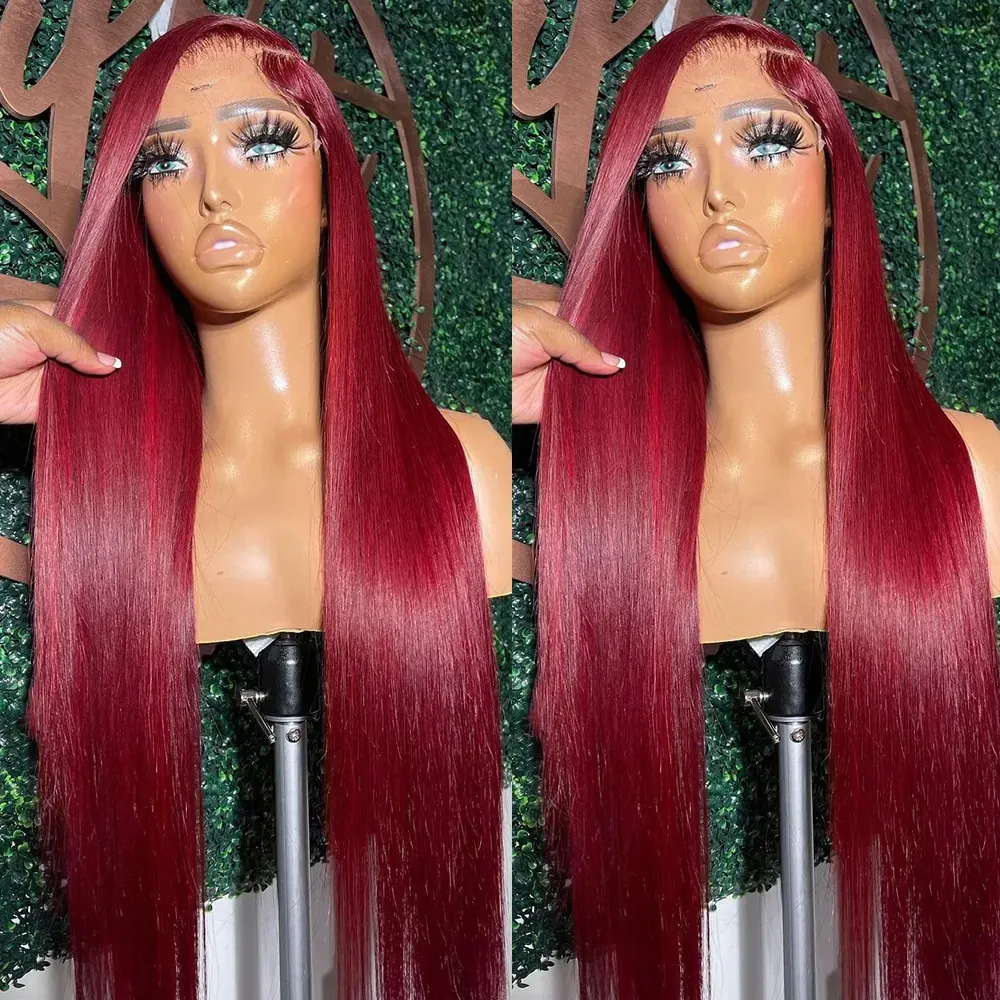 99J Red Lace Front Simulation Human Hair Wigs Colored Brazilian Straight Burgundy 13x4 Transparent Lace Frontal Closure Wig Glueless Wigs for Women