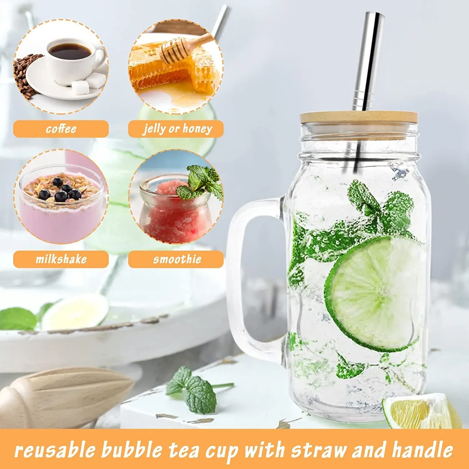 Reusable Glass Mug Mason Jar Cups with Bamboo Lids and Stainless Steel Straws 24 OZ Fruit Bottle Handle