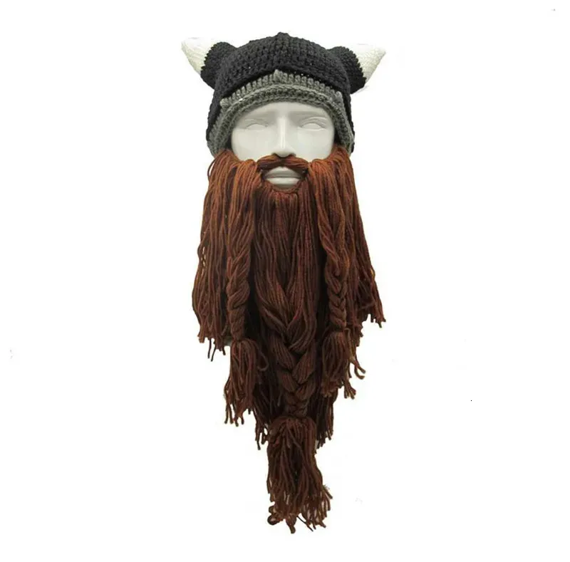 BeanieSkull Caps Men's Barbarian Vagabond Viking Beard Beanie Horn Hat Handmade Winter Warm Birthday Funny Gag Halloween Cap Christmas Gifts 231205