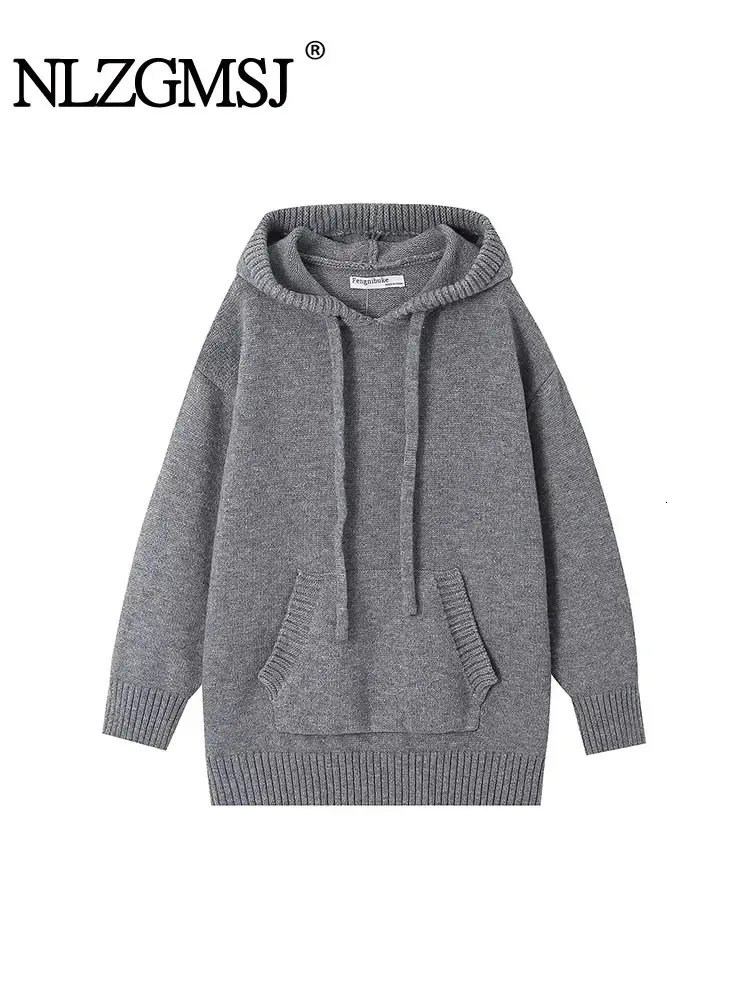 Nlzgmsj Felpe con cappuccio da donna TRAF 2024 Grigio Autunno e Inverno Maglione girocollo con lacci Giacca con cappuccio regolabile Felpa lavorata a maglia allentata 231206