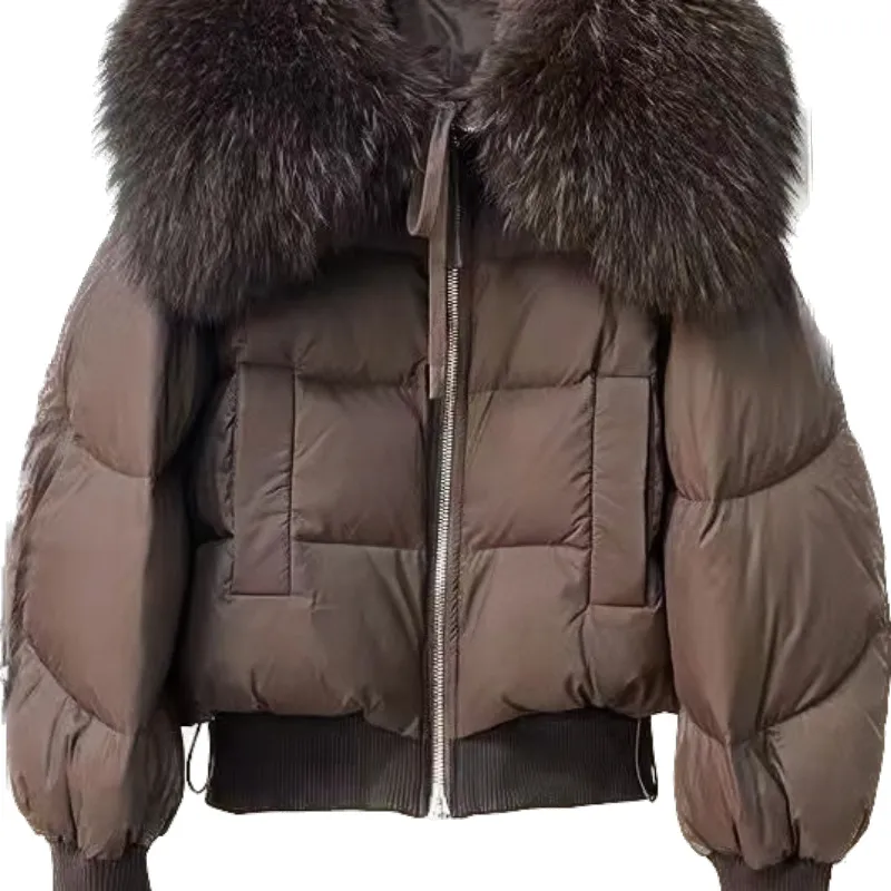 Doudoune courte et ample en duvet d'oie pour femme, veste d'isolation épaisse en duvet d'hiver, capuche zippée, grande fourrure, coupe-vent et imperméable dans la rue