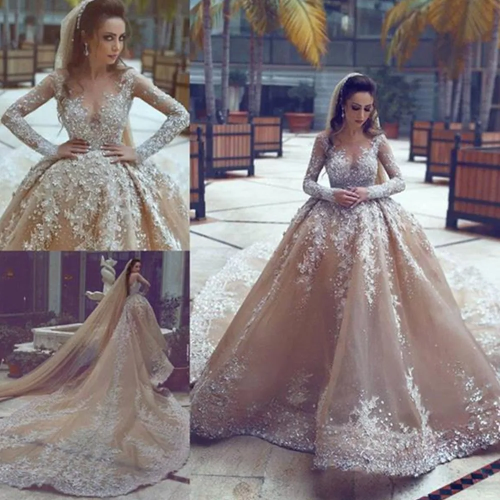 Gorgeous Champange Long Sleeve Dresses Lace A-Line Appliqued Sweep Train Plus Size Wedding Dress Bridal Gowns Vestidos De Novia YD 328 328