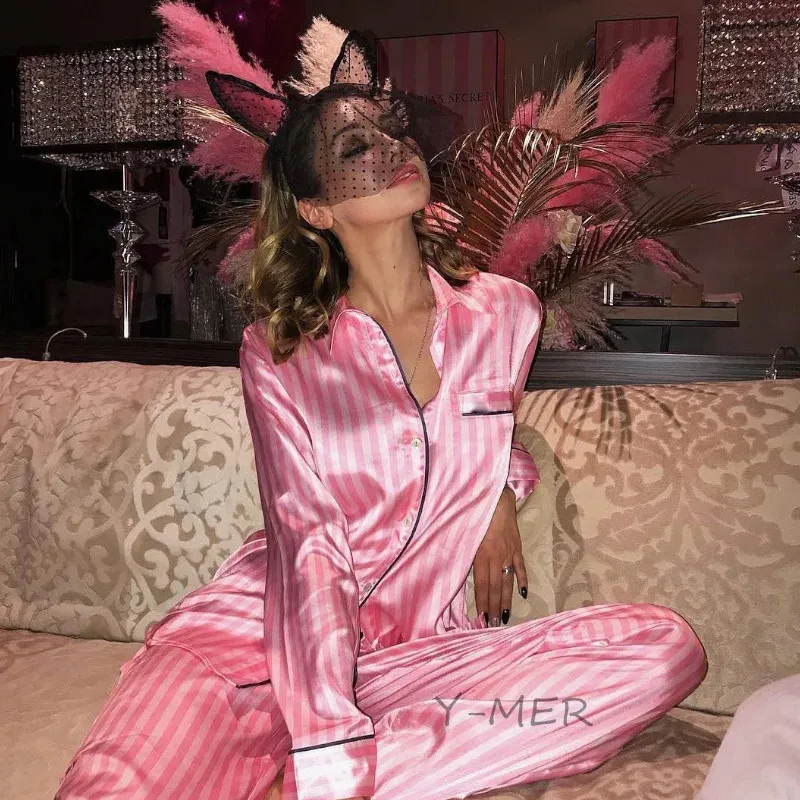 Striped Women's Pamas 2 Pieces Set Shirt pants Women Nightwear Silk Satin Pyjamas Lounge Wear Home Suit Fashion Sleepwear 231206 3106