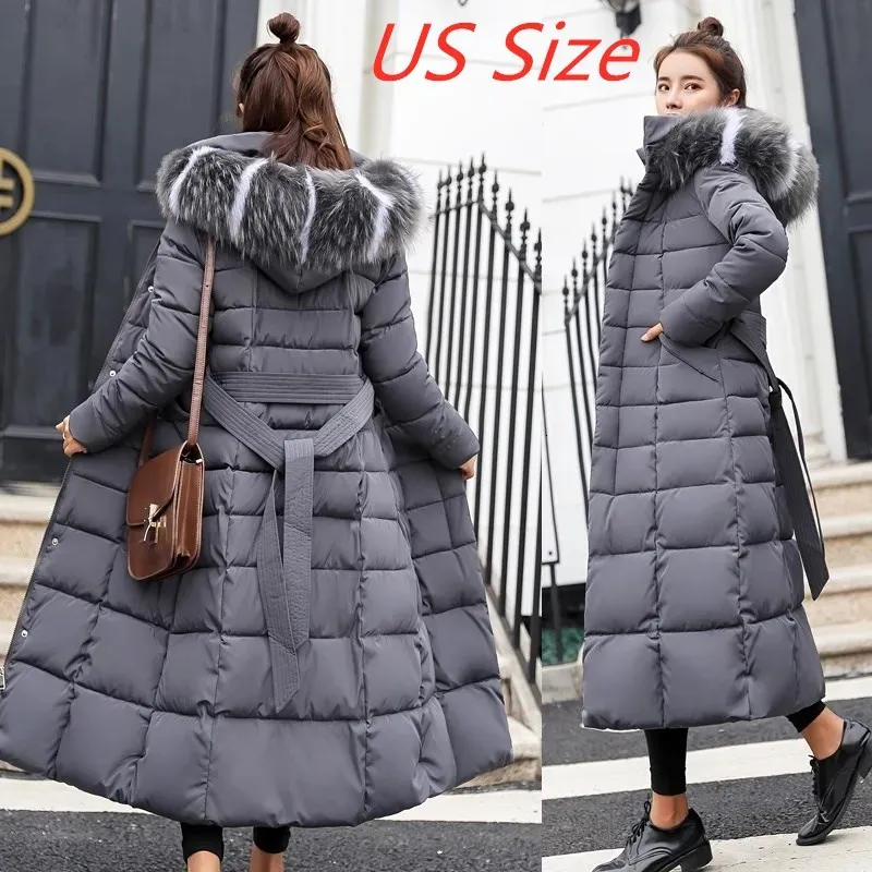 Femmes vers le bas Parkas veste d'hiver femmes chaud mode arc ceinture renard col de fourrure manteau longue robe épaisse 231206