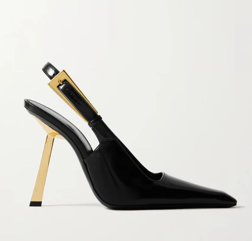 Sexiga sandaler Kvinnliga klänningar pumpar Lee Empelled Patent-Leather Slingback Pump Black Calf Leather Lady's High Heels Pekade tå Sling Back Thin Heeled With Box 35-42