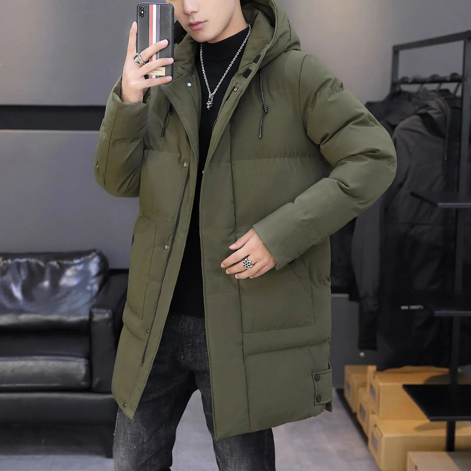 Homens para baixo parkas 2023 homens jaqueta de inverno casaco estilo longo parka com capuz grosso algodão acolchoado masculino moda casual zíper cor topo 231205