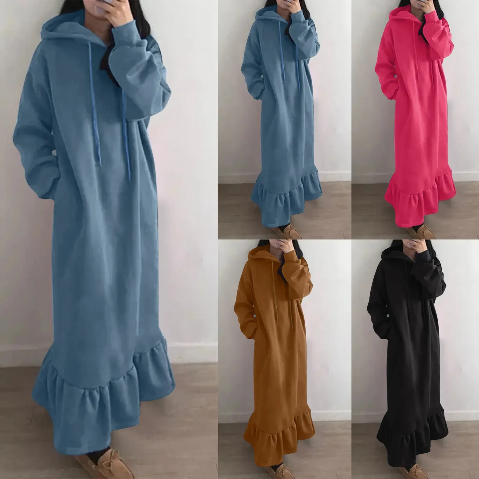 Kvinnorjackor 2023 Fashion Hooded Sweatshirts Dres Casual Solid Long Sleeve Maxi Dresses Winter Clothes Vestidos Warm Robe Femme 231205