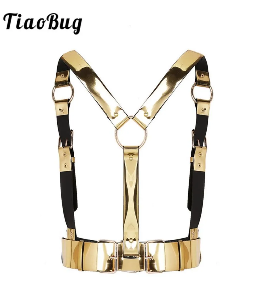 Tiaobug Fashion Gold Unisex Punk Faux Leather Women Men Body Chest Harness Waist Bondage Club Wear Sexy Rave Party Belt Top8351091