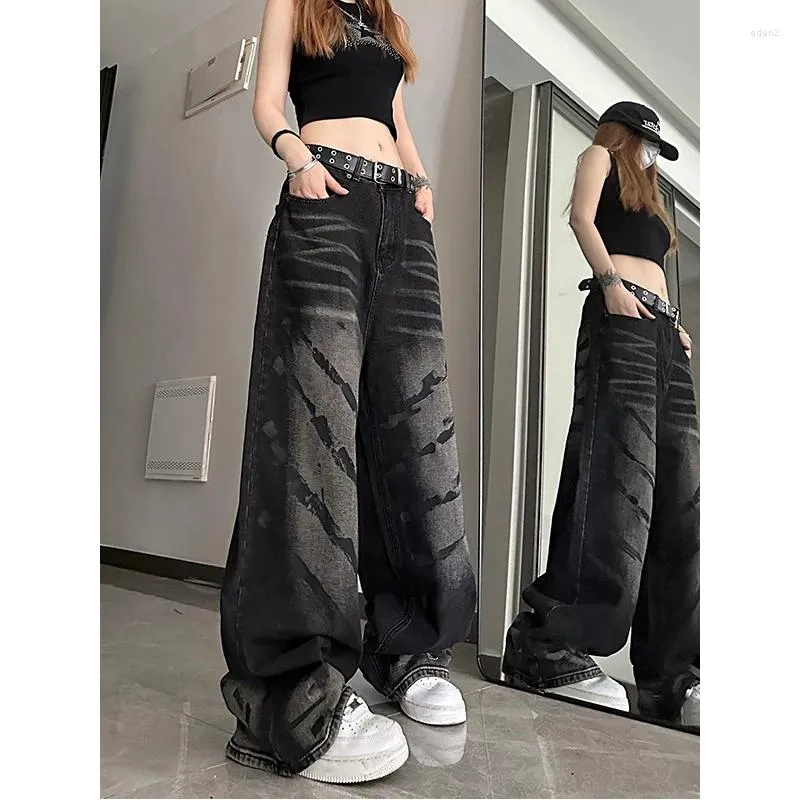 Kvinnors jeans svart 2023 y2k harajuku streetwear hög midja vintage baggy rak denim breda ben byxor hip hop tryck tro