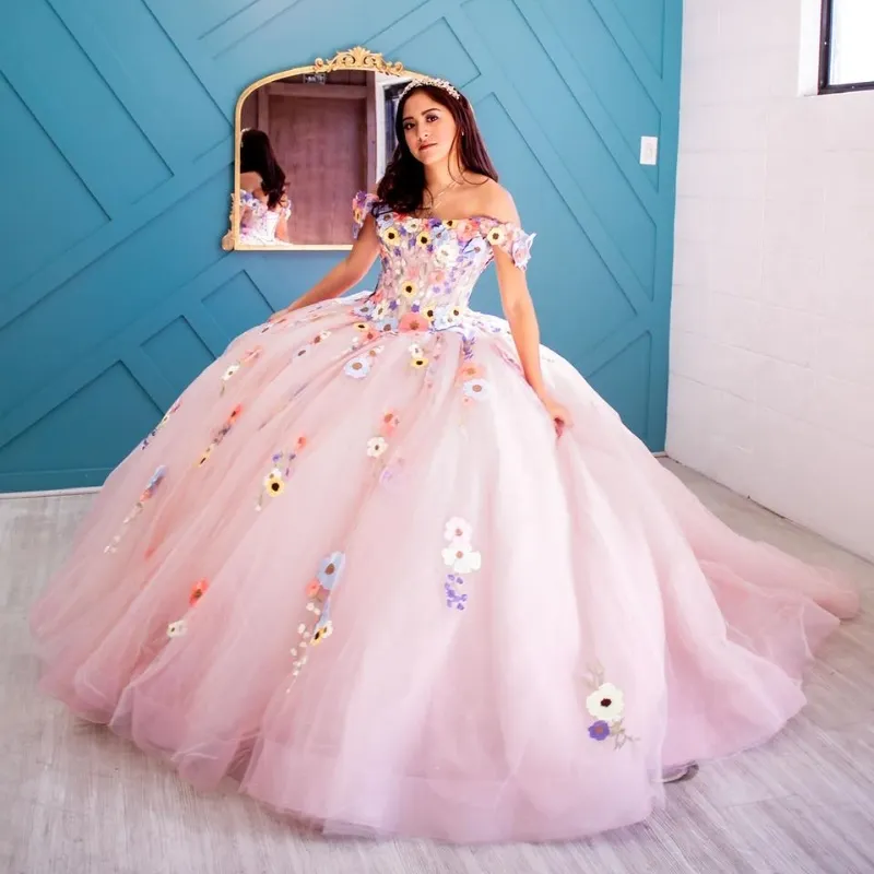 Sparkly Roze Quinceanera Jurken XV Baljurk Kant Appliqué Bloem Off-the-shoulder Prinses Sweet 16 Jurk Verjaardagsfeestje vestido de 15