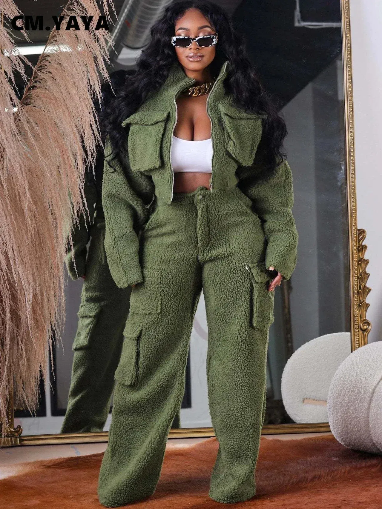 Women s Jackets CM YAYA Fashion Fleece Set Long Sleeve Jacket and Pocket  Wide Leg Pants 2024 Cargo Two 2 Piece Sets Outfits Tracksuit 231206