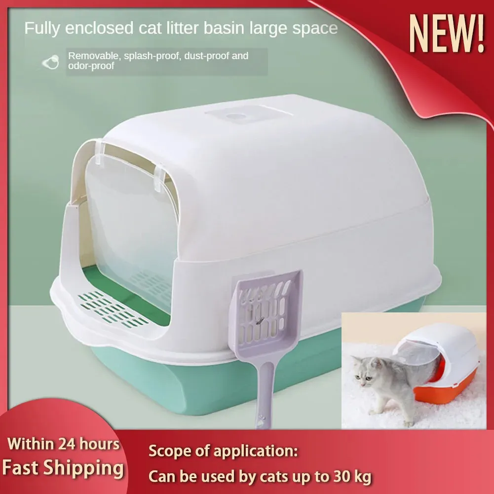 Other Cat Supplies Cat Toilet With Spoon Closed Sandbox Fully Enclosed Pet Litter Box Pet Accessories Cat Excrement Basin Splash Proof Clean Basin 231206